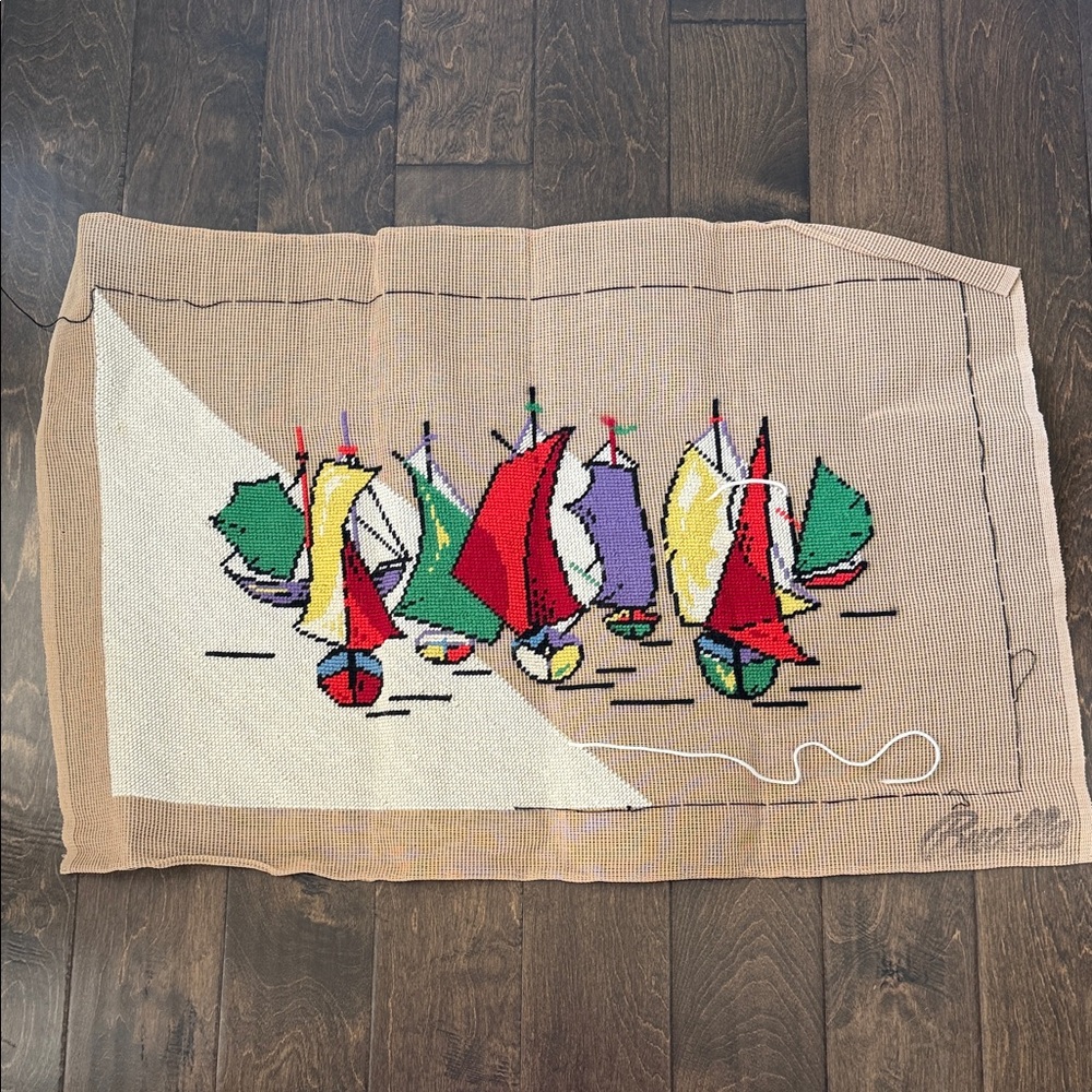 Incomplete Needlepoint Sailboats - 31x18